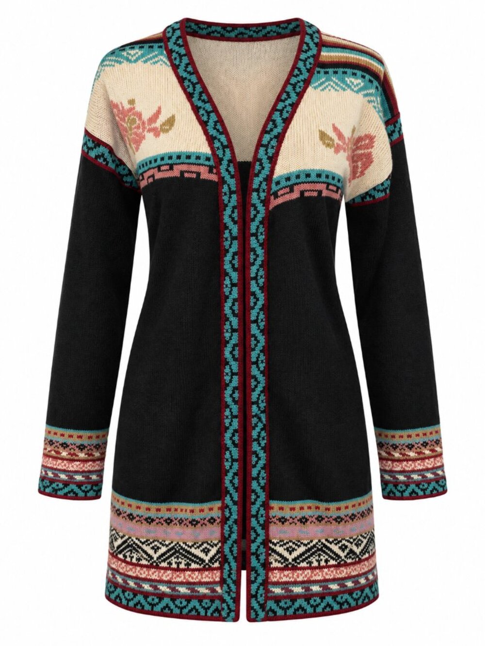 Vintage Western Southwestern Longline Cardigan Floral Geometric Bell Sleeve S